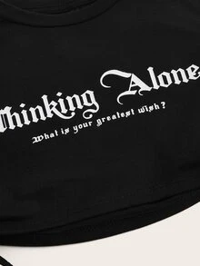 SHEIN ICON Slogan Graphic Drawstring Side Y2k Crop Top Thinking Alone What Is Your Greatest Wish - Black - View 5