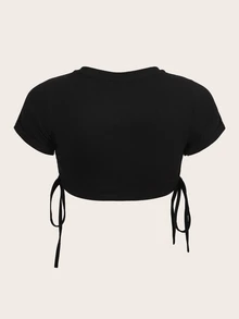 SHEIN ICON Slogan Graphic Drawstring Side Y2k Crop Top Thinking Alone What Is Your Greatest Wish - Black - View 2