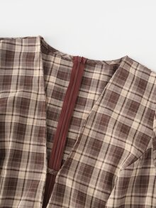 Linhara CURVE Gaun Berikat Motif Kotak-kotak Ukuran Plus untuk Musim Gugur, Thanksgiving, Kencan Malam, Ulang Tahun, Warna Cokelat, Kasual Gaya 90-an - Coklat - View 9