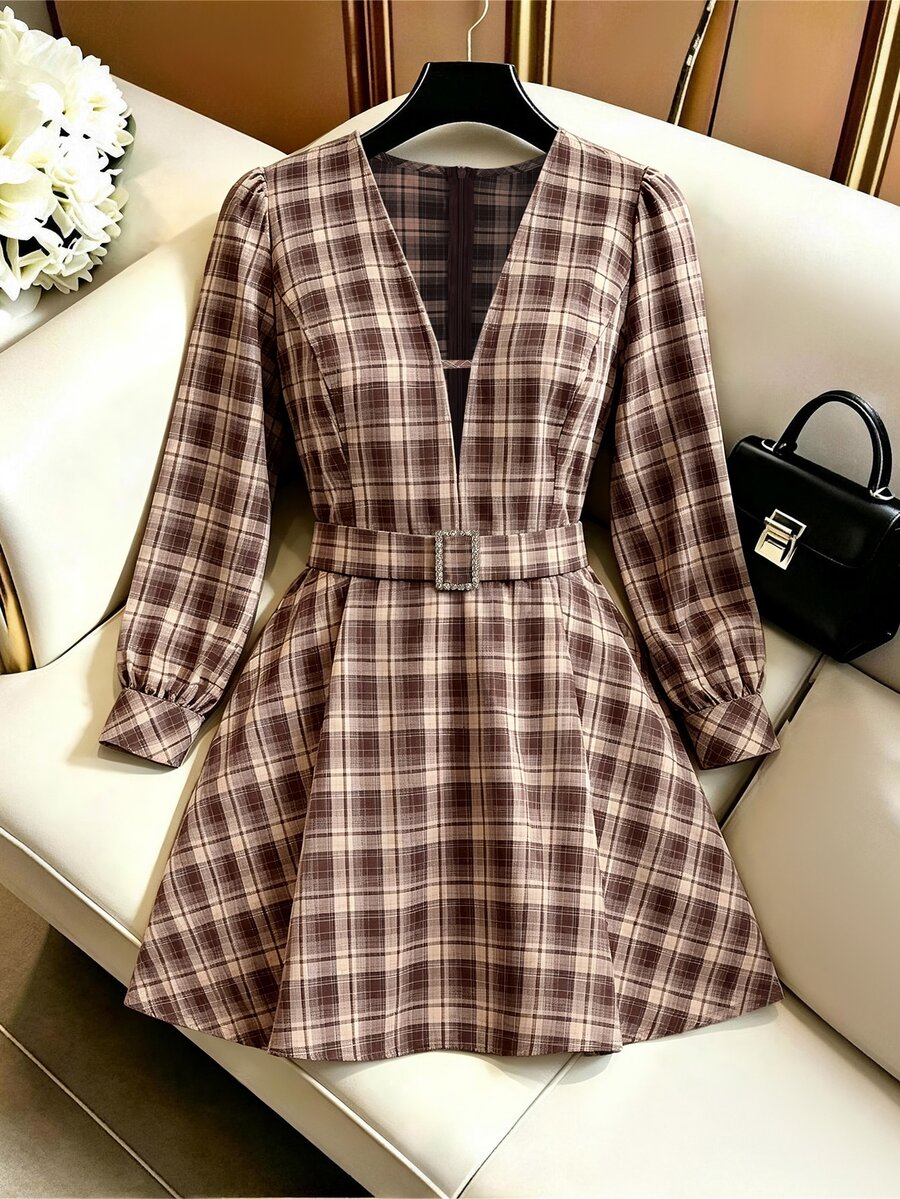 Linhara CURVE Plus Plaid Print Belted Dress Autumn Thanksgiving Date Night Birthday Brown Casual 90s - Brown - View 1