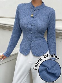 Modelyn 秋季蕾絲青蛙鈕扣溫柔約會早午茶會優雅復古時尚百搭顯瘦女款襯衫海軍藍 - 藍色 - 查看 2