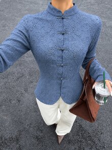 Modelyn 秋季蕾絲青蛙鈕扣溫柔約會早午茶會優雅復古時尚百搭顯瘦女款襯衫海軍藍 - 藍色 - 查看 6