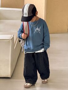 兒童小男孩長袖圓領秋季衛衣，卡通圖案，適合四季穿著 - 彩色 - 查看 4