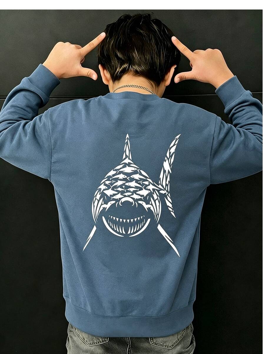 Kids Young Boy Long Sleeve Crew Neck Autumn Sweatshirt With Cartoon Pattern, Suitable For All Seasons