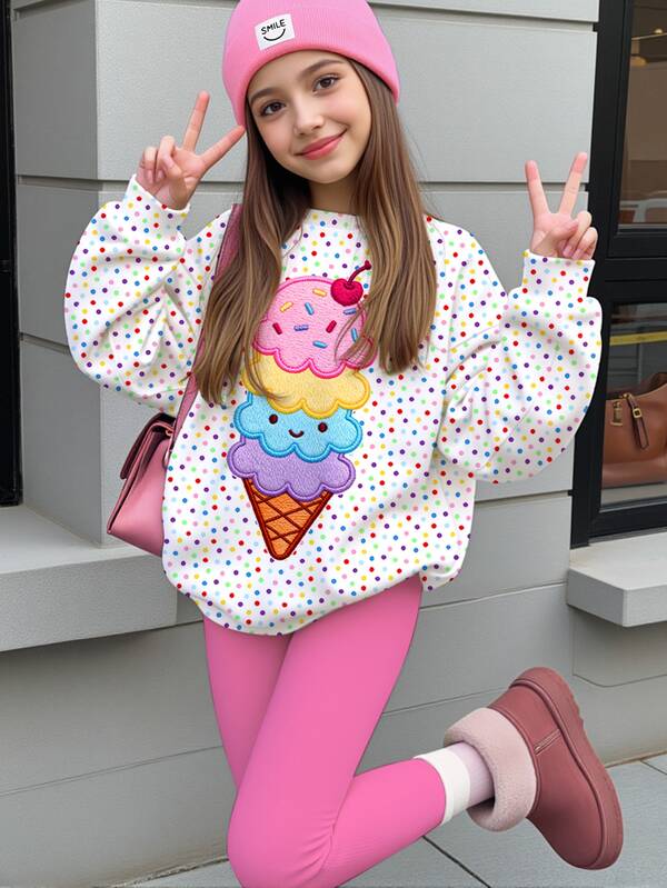 Conjunto de 2 piezas para niñas preadolescentes con sudadera de cuello redondo y manga larga & leggings, estampado de helado de dibujos animados lindo, estampado de lunares coloridos, estilo dulce y cremoso, adecuado para otoño/invierno, gráfico, acogedor, conjuntos de ropa para niñas, Y2K, vintage, kawaii
