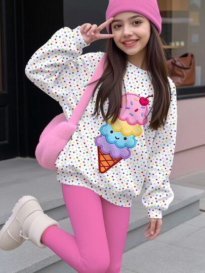 Tween Girls Cute Cartoon Ice Cream Pattern, Colorful Polka Dot Print, Sweet Creamy Style, Round Neck Long Sleeve Sweatshirt & Leggings 2-Piece Set, Suitable For Autumn/Winter, Graphic, Cozy, Girls Outfit Sets, Y2K, Vintage, Kawaii
