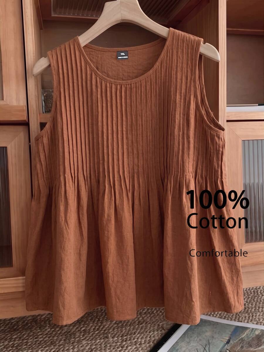 SHEIN LUNE 大尺碼女款純色休閒百搭日常穿著上衣 - 棕色 - 查看 1