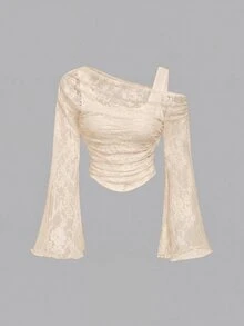 SHEIN MOD 白色露肩蕾絲二合一喇叭袖長袖女款上衣 - 杏色 - 查看 5