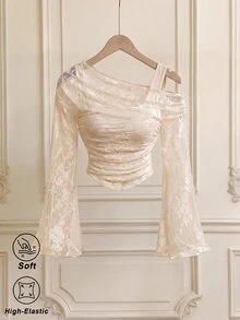 SHEIN MOD 白色露肩蕾絲二合一喇叭袖長袖女款上衣 - 杏色 - 查看 2