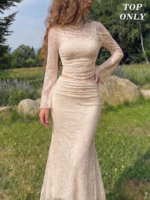 SHEIN MOD 白色露肩蕾絲二合一喇叭袖長袖女款上衣 - 杏色 - 查看 1