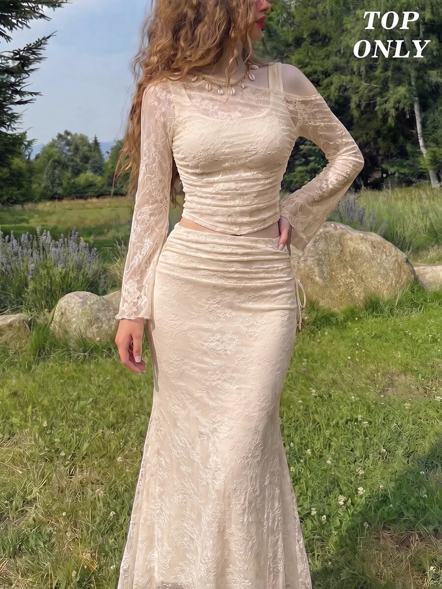 SHEIN MOD 白色露肩蕾絲二合一喇叭袖長袖女款上衣 - 杏色 - 查看 1