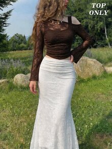 SHEIN MOD Atasan Wanita Lengan Panjang Model Lonceng 2-in-1 dengan Renda dan Bahu Terbuka Warna Putih - Coklat - View 5