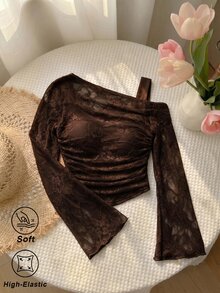 SHEIN MOD Atasan Wanita Lengan Panjang Model Lonceng 2-in-1 dengan Renda dan Bahu Terbuka Warna Putih - Coklat - View 2
