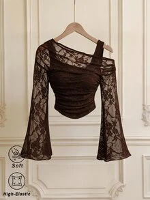 SHEIN MOD Atasan Wanita Lengan Panjang Model Lonceng 2-in-1 dengan Renda dan Bahu Terbuka Warna Putih - Coklat - View 1
