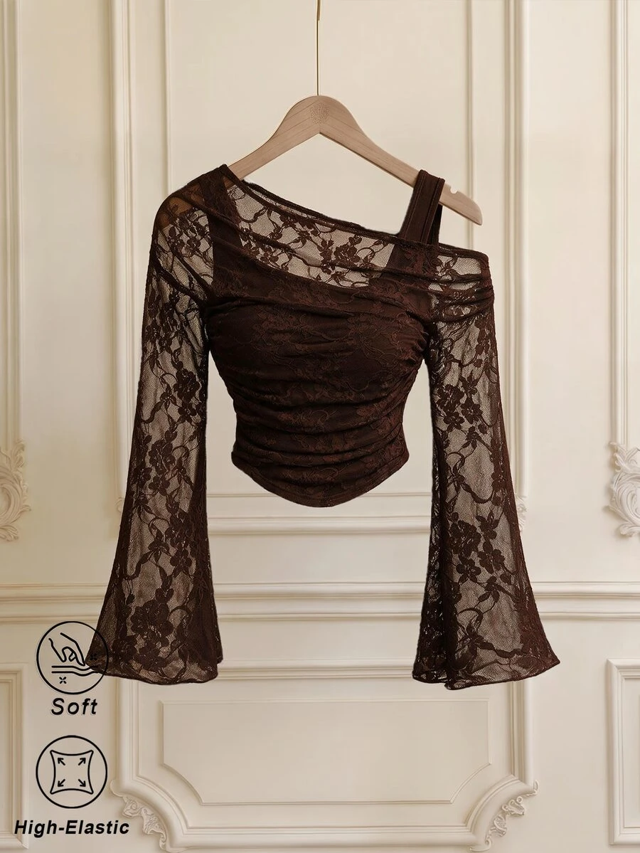 SHEIN MOD Atasan Wanita Lengan Panjang Model Lonceng 2-in-1 dengan Renda dan Bahu Terbuka Warna Putih - Coklat - View 1