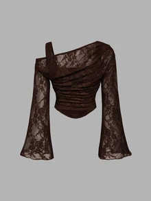 SHEIN MOD Atasan Wanita Lengan Panjang Model Lonceng 2-in-1 dengan Renda dan Bahu Terbuka Warna Putih - Coklat - View 4