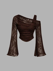 SHEIN MOD Atasan Wanita Lengan Panjang Model Lonceng 2-in-1 dengan Renda dan Bahu Terbuka Warna Putih - Coklat - View 3