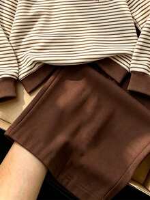 女童條紋蝴蝶結裝飾長袖上衣與純色寬腿褲2件套，小女孩休閒日常穿搭 - 彩色 - 查看 5