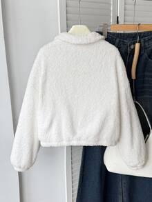 SHEIN 女童秋冬保暖內裡加厚休閒街頭風前開扣雙面泰迪絨短夾克外套 白色 - 白色 - 查看 2