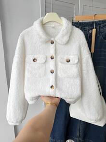 SHEIN 女童秋冬保暖內裡加厚休閒街頭風前開扣雙面泰迪絨短夾克外套 白色 - 白色 - 查看 3