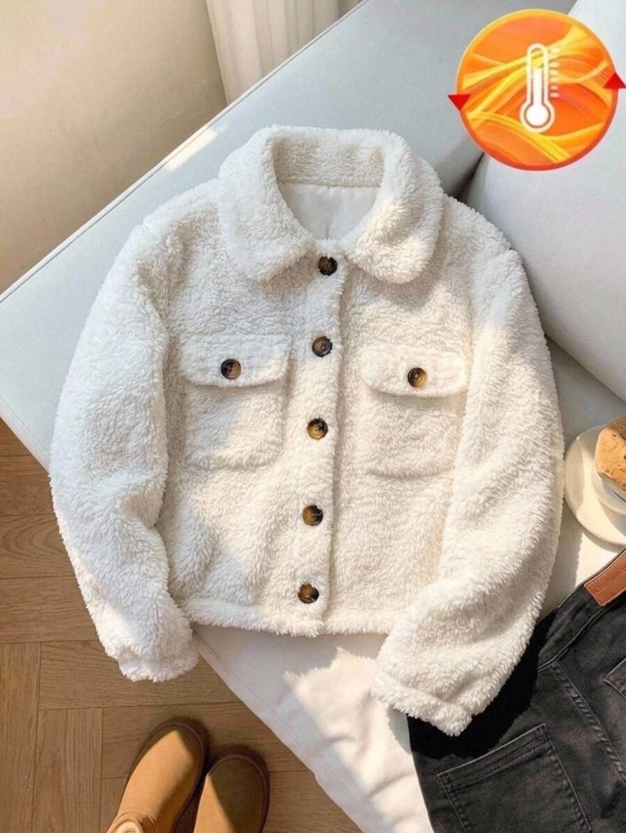 SHEIN 女童秋冬保暖內裡加厚休閒街頭風前開扣雙面泰迪絨短夾克外套 白色 - 白色 - 查看 1