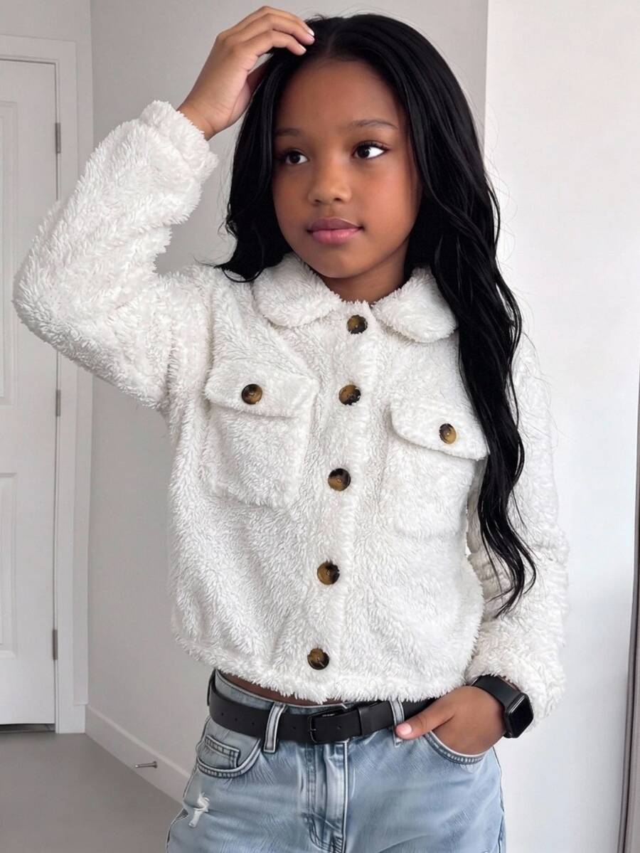 SHEIN Kids Tween Girl Autumn/Winter Thermal Lined Thickened Casual Street Style Button Front Double-Sided Teddy Fleece Short Jacket Coat White - White - View 1