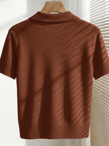 Franclia Women's Simple Solid Color Turndown Collar Short Sleeve Casual Fitted Knit Top, Suitable For Spring And Summer - Rust Brown - View 2