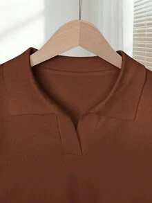 Franclia Women's Simple Solid Color Turndown Collar Short Sleeve Casual Fitted Knit Top, Suitable For Spring And Summer - Rust Brown - View 4