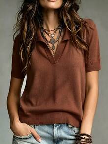 Franclia Women's Simple Solid Color Turndown Collar Short Sleeve Casual Fitted Knit Top, Suitable For Spring And Summer - Rust Brown - View 1