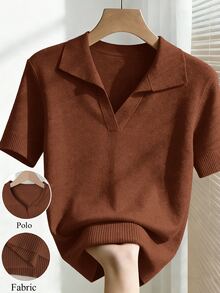 Franclia Women's Simple Solid Color Turndown Collar Short Sleeve Casual Fitted Knit Top, Suitable For Spring And Summer - Rust Brown - View 3