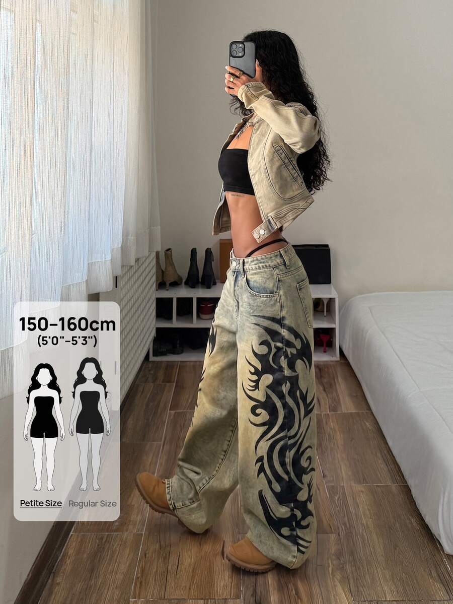 Jeanoix Petite Petite Low Waist Vintage Print Washed Y2K Denim Curved Leg Pants - Dark Wash - View 1
