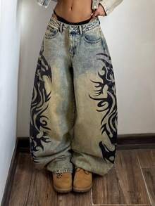 Jeanoix Petite Petite Low Waist Vintage Print Washed Y2K Denim Curved Leg Pants - Dark Wash - View 3