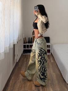 Jeanoix Petite Petite Low Waist Vintage Print Washed Y2K Denim Curved Leg Pants - Dark Wash - View 6