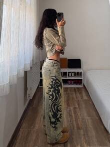 Jeanoix Petite Petite Low Waist Vintage Print Washed Y2K Denim Curved Leg Pants - Dark Wash - View 8