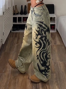 Jeanoix Petite Petite Low Waist Vintage Print Washed Y2K Denim Curved Leg Pants - Dark Wash - View 7