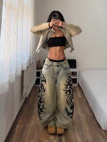 Jeanoix Petite Petite Low Waist Vintage Print Washed Y2K Denim Curved Leg Pants - Dark Wash - View 4