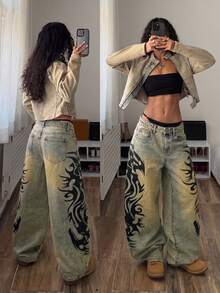 Jeanoix Petite Petite Low Waist Vintage Print Washed Y2K Denim Curved Leg Pants - Dark Wash - View 2
