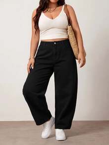 SHEIN CURVE+ 大尺碼女款休閒正裝風百搭牛仔褲，適合日常旅行、牛仔女郎風格、演唱會、夜店、派對、海灘，黑色，秋季，附口袋與鈕扣 - 黑色 - 查看 6