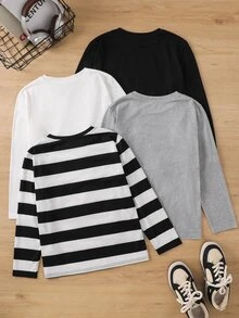 Kids 4pcs Tween Boy Casual Solid Color & Striped Long Sleeve T-Shirts Chic For Autumn/Winter Fall - Multicolor - View 2