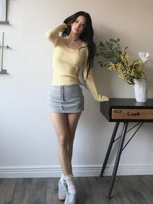 DAZY 女款對比蕾絲修身彈性羅紋長袖圓領休閒度假日常韓風秋冬針織毛衣 - 黃色 - 查看 3