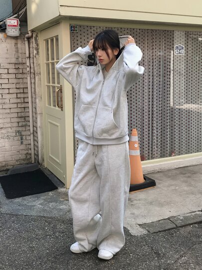 DAZY Women's 2pcs Set, Loose Fit Hooded Zip-Up Sweatshirt And Straight Leg Pants, Casual Streetwear Vacation Korean Style, Autumn/Winter, Grey Floral