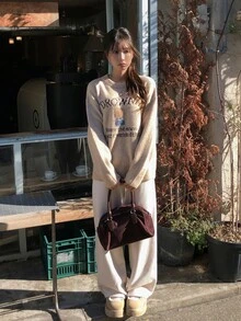 DAZY Women's Contrast Letter Pattern Embroidered Loose Long Sleeve Crew Neck Casual Daily Vacation Korean Street Style Autumn/Winter Knit Sweater - Khaki - View 2