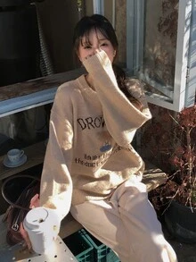 DAZY Women's Contrast Letter Pattern Embroidered Loose Long Sleeve Crew Neck Casual Daily Vacation Korean Street Style Autumn/Winter Knit Sweater - Khaki - View 4