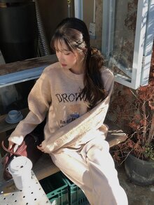 DAZY Women's Contrast Letter Pattern Embroidered Loose Long Sleeve Crew Neck Casual Daily Vacation Korean Street Style Autumn/Winter Knit Sweater - Khaki - View 5