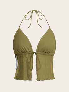 SHEIN ICON Top halter unicolor de espalda abierta con cordón - Verde militar - Ver 2
