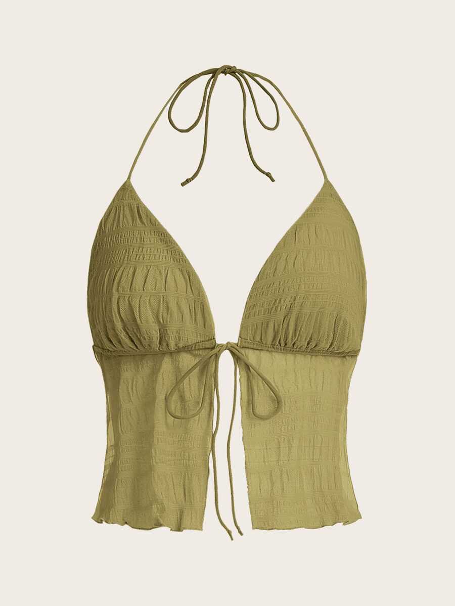 SHEIN ICON Top halter unicolor de espalda abierta con cordón - Verde militar - Ver 1