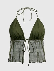 SHEIN ICON Split Hem Tie Backless Mesh Halter Y2k Top - Olive Green - View 2