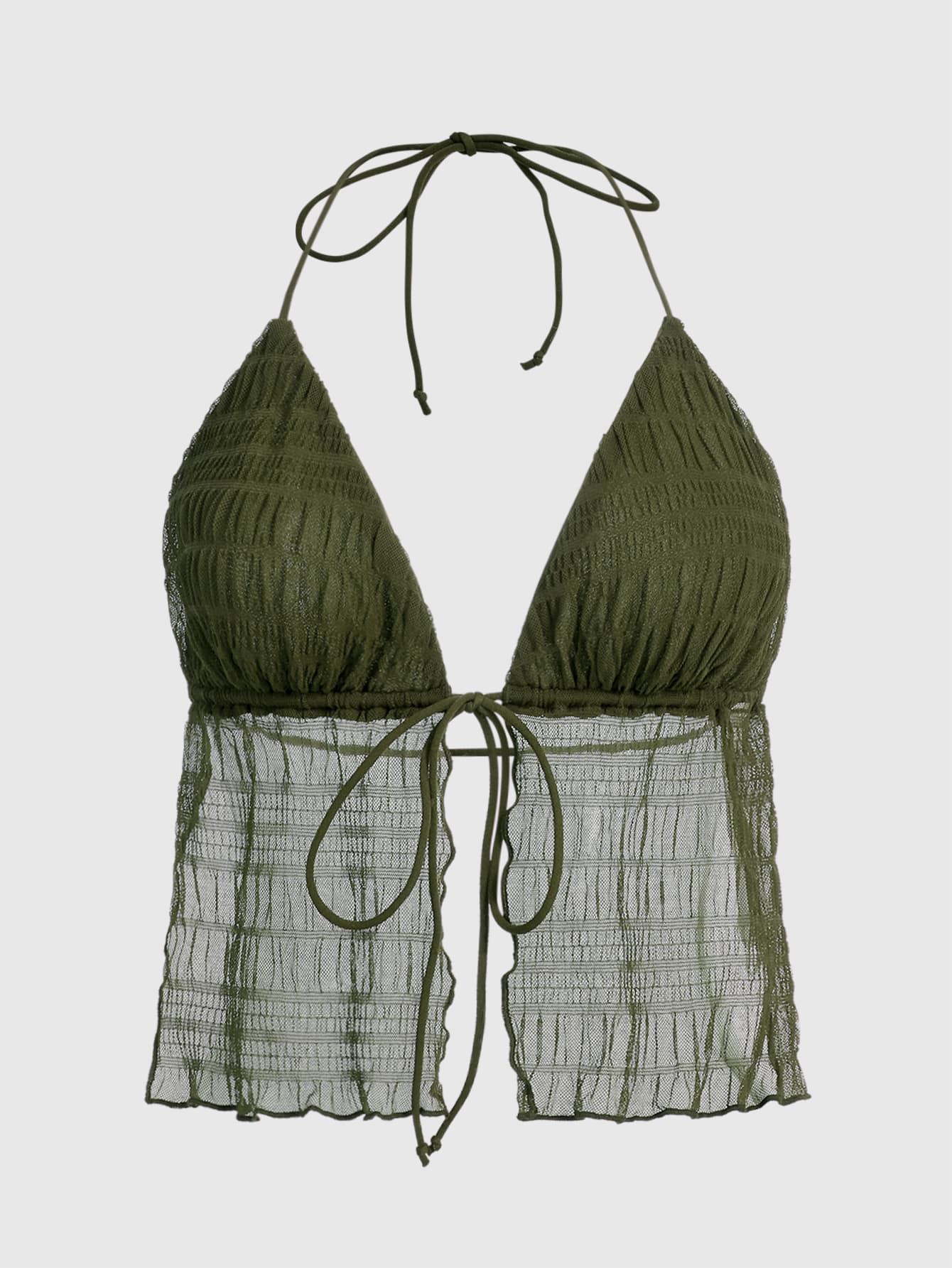 SHEIN ICON Split Hem Tie Backless Mesh Halter Y2k Top - Olive Green - View 1