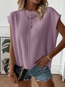 SHEIN Holidaya Women's Solid Color Crew Neck Casual Daily Short Sleeve Sweater Vest - Lilac Purple - View 5