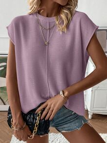 SHEIN Holidaya Women's Solid Color Crew Neck Casual Daily Short Sleeve Sweater Vest - Lilac Purple - View 6
